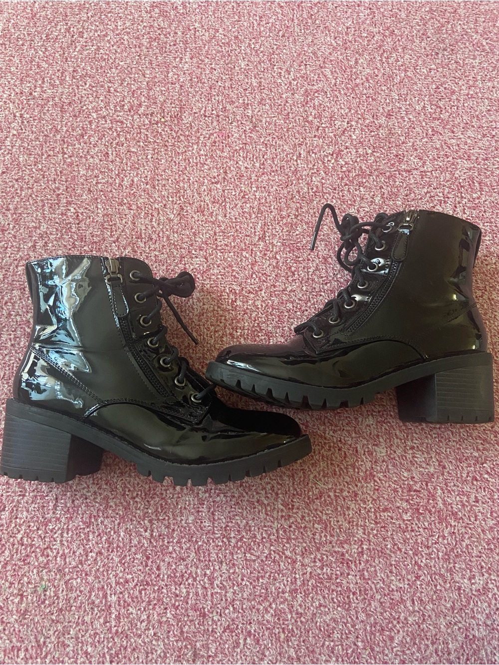 Black Patent Lace-Up Combat Boots for Women